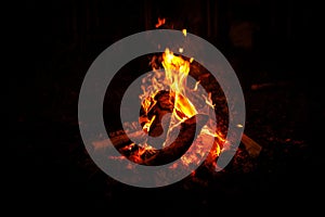 Burning campfire at night outdoors