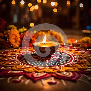 Burning candle around, arranged flower symbols, colorful Lotus, smudged background. Diwali, the dipawali Indian festival of light