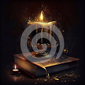 Burning candle with book and candlestick on dark background.