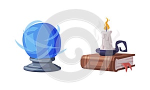 Burning candle in candlestick and fortune teller magic crystal ball. Witchcraft attributes, halloween objects cartoon