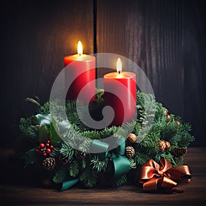 Burning candle and Christmas decoration over snow and wooden background, elegant low-key shot with festive mood
