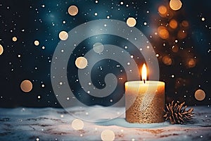 Burning candle, Christmas decoration on wooden background in falling snow and defocused lights background. Copy space