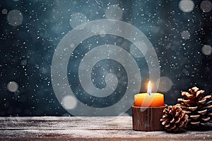 Burning candle, Christmas decoration on wooden background in falling snow and defocused lights background.