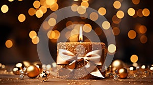 Burning candle with Christmas golden background