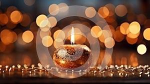 Burning candle with Christmas golden background