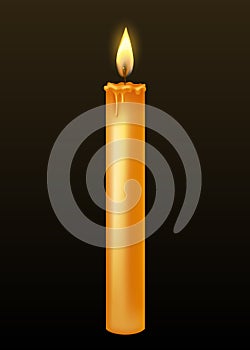 Burning candle with dripping or flowing wax. Yellow candle with golden flame. Lit and melted wax. Illustration of