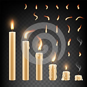 Burning candle and flame set, vector isolated illustration