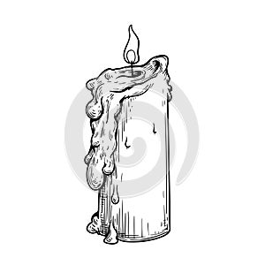 Burning candle in hand drawn sketch style. Retro vintage beeswax candle illustration.