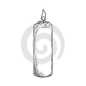 Burning candle in hand drawn sketch style. Retro vintage beeswax candle illustration.