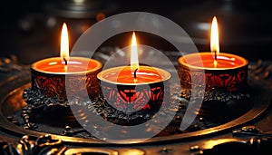 Burning candle ignites spirituality, glowing symbol of harmony and love generated by AI