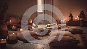 Burning candle illuminates cozy rustic bedroom for winter relaxation generated by AI