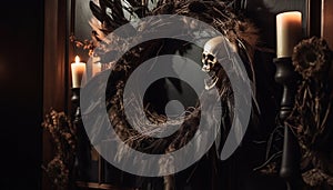 Burning candle illuminates spooky Halloween still life with feather quill pen generated by AI