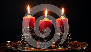 Burning candle illuminates tranquil night, igniting spirituality and celebrating love generated by AI