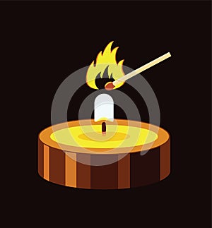 Burning candle and match fire, vector