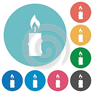 Burning candle with melting wax flat round icons