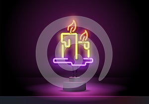 Burning candle neon sign. Candle with burning flame. Night bright advertisement. Vector illustration in neon style for