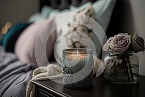 burning candle night light near the bed illustration Generative AI