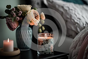 burning candle night light near the bed illustration Generative AI