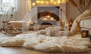 burning candle and plush sheepskin rug