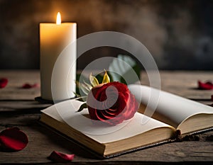 Burning candle, red rose and open book on dark background with copy space. Sympathy card