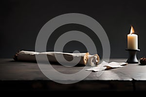 Burning candle and rolled paper on old wooden table.