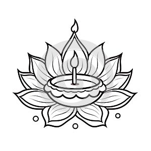 Burning candle in the shape of a Lotus flower, coloring book. Diwali, dipawali Indian festival of light, picture on white isolated