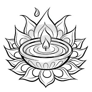 Burning candle in the shape of a Lotus flower, coloring book. Diwali, dipawali Indian festival of light, picture on white isolated