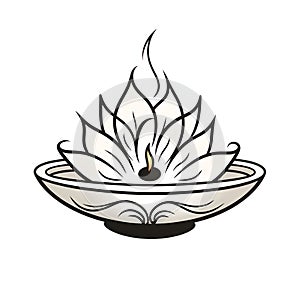 Burning candle in the shape of a Lotus flower, coloring book. Diwali, dipawali Indian festival of light, picture on white isolated