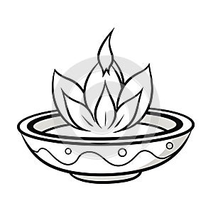 Burning candle in the shape of a Lotus flower, coloring book. Diwali, dipawali Indian festival of light, picture on white isolated