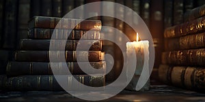 A Burning Candle and Stacks of Old Books A Serene Library Scene
