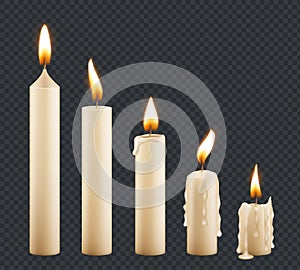 Burning candle. Stages combustion of wax decorative candle light flame vector keyframe animation