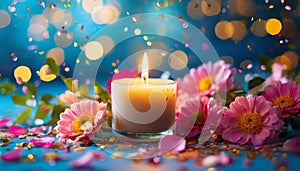 Burning candle surrounded by flowers and confetti. Spring season. Blue background