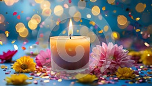 Burning candle surrounded by flowers and confetti. Spring season. Blue background