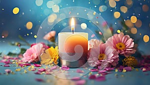 Burning candle surrounded by flowers and confetti. Spring season. Blue background