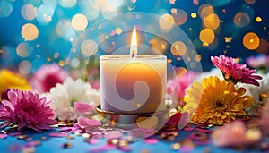 Burning candle surrounded by flowers and confetti. Spring season. Blue background