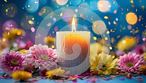 Burning candle surrounded by flowers and confetti. Spring season. Blue background