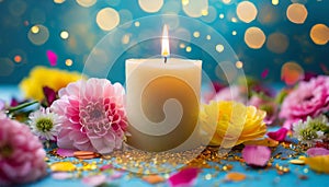 Burning candle surrounded by flowers and confetti. Spring season. Blue background