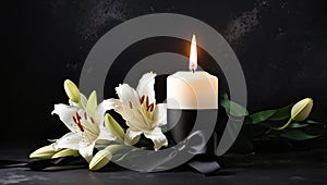 Burning candle tied with black ribbon and white flowers on dark background