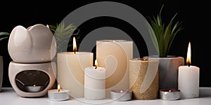 Burning candles and an aroma lamp on a black background. Incense, background for meditation and yoga.