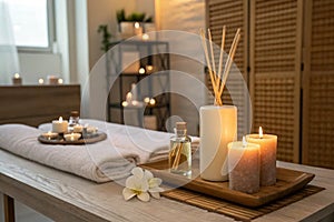 Burning candles and aromatic reed diffuser in spa