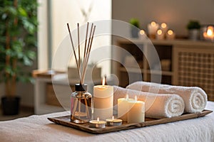 Burning candles and aromatic reed diffuser in spa