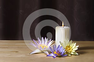 Burning candles and beautiful waterlily on a wooden floor