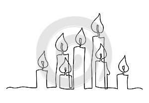 Burning candles. Christmas decoration. Attribute of a romantic evening. Divination by candlelight. Continuous line drawing
