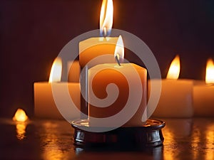 Burning candles on dark background with copy space for International Holocaust Remembrance Day. Pray for Israeli–Palestinian