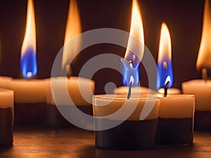 Burning candles on dark background with copy space for International Holocaust Remembrance Day. Pray for Israeli–Palestinian