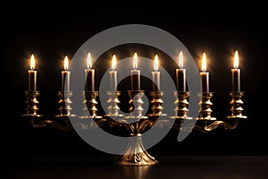 Burning candles in a golden candelabra on a black background