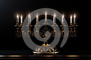 Burning candles in a golden candelabra on a black background