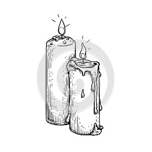 Burning candles in hand drawn sketch style. Retro vintage beeswax candle illustration.