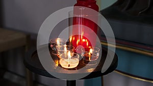 Burning Candles Inside Church Interior, Prayer Candles Lit in Cathedral