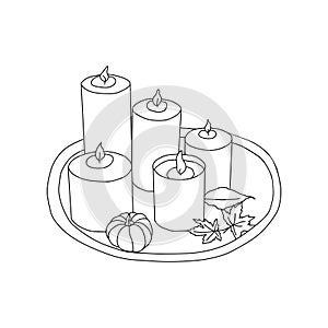 burning candles ordinary and in a glass candlestick on a tray with autumn leaves and pumpkin vector isolated black white